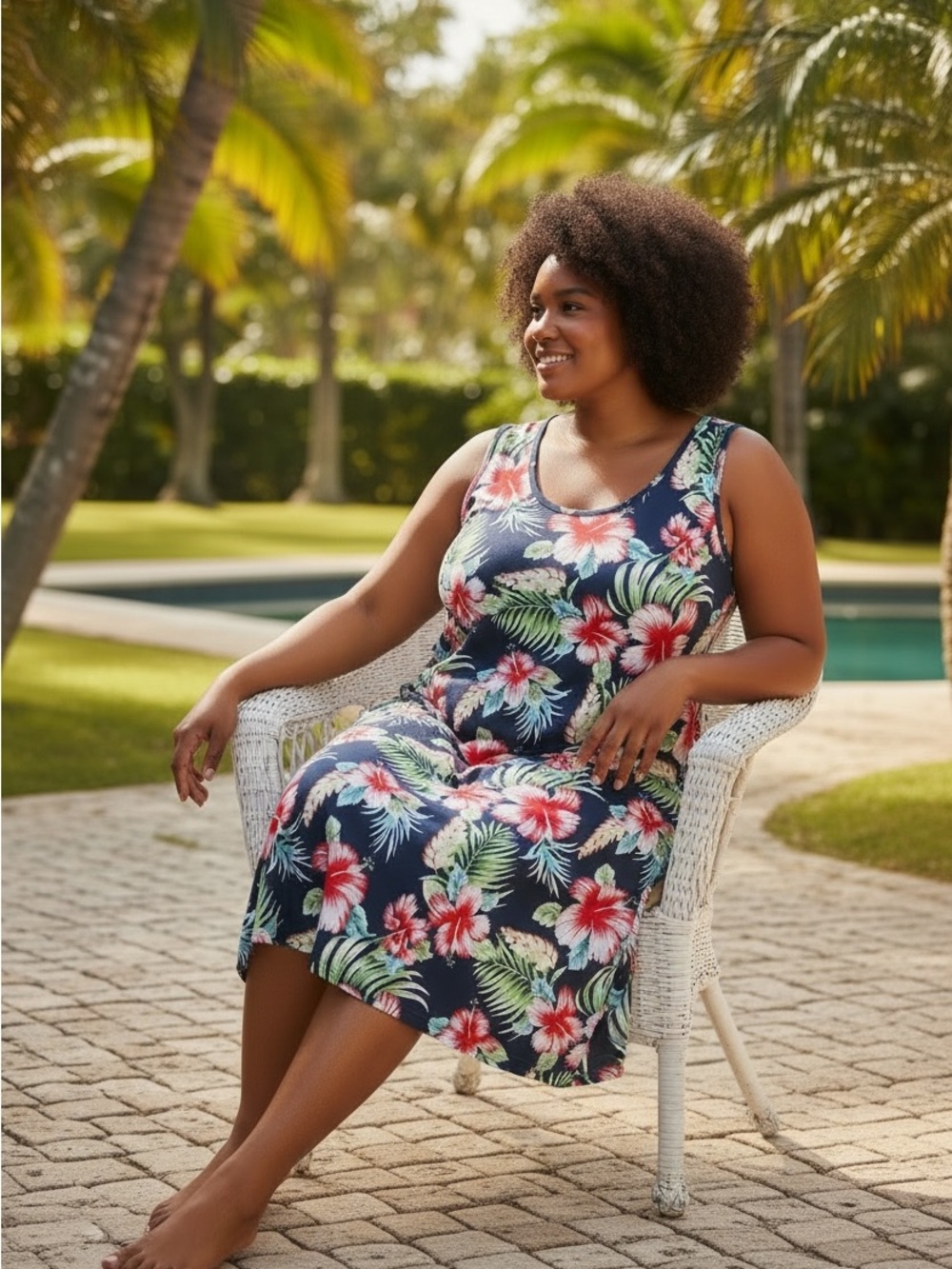 Simple Fun 3XL Tropical Hibiscus Floral Sleeveless Swing Dress Navy NWOT